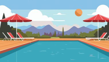 Ayrıntılı bir pikselsel resim çizimi, arka planda muhteşem dağların olduğu, yemyeşil palmiye ağaçlarıyla çevrili sakin bir yüzme havuzunu tasvir ediyor.