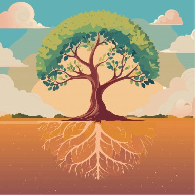 Karmaşık bir pikselde güzel bir ağacın kökleri toprağa gömülmüş, doğa ile yeryüzü arasındaki bağlantıyı vurguluyor.