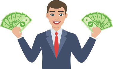 Resmi takım elbise giyen ve kravat takan bir adam nakit para hayranını elinde tutuyor ve yüzündeki mutlu ifadeyle memnuniyetini gösteriyor.