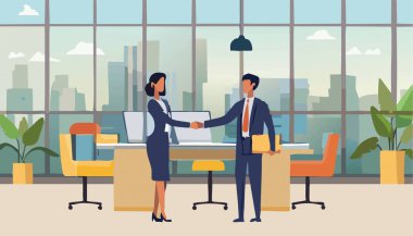 Profesyonel bir ofiste, bir erkek ve bir kadın dostça el sıkışarak profesyonellik ve işbirliğine bağlılıklarını vurgularlar.