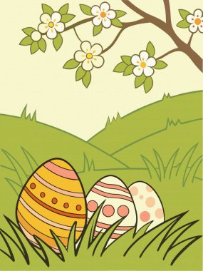 A cheerful Easter scene features a cute bunny and beautifully decorated eggs, ideal for festive design clipart