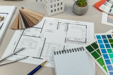 mimari çizimler ev planları palet renk tasarımları, ofis masası