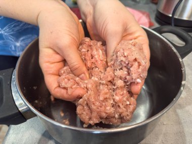  Kadın eli mutfaktaki kasede kıyma yapıyor, yakın plan. Çiğ yemek.