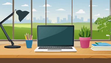 Bu resim, bir dizüstü bilgisayar, bir masa lambası ve dekor için küçük bir saksı bitkisi içeren bir tablo tasvir eden pikselli sanat tarzı bir illüstrasyondur.