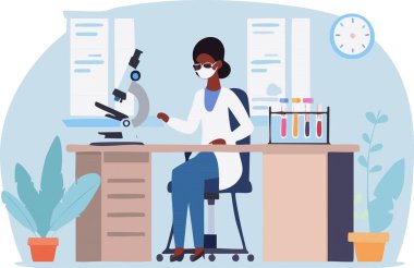 Laboratuvar görünümlü mikroskop, Coronavirus 2019-nCoV üzerinde çalışan bir kadın, sağlık hizmeti konsepti.