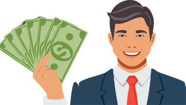 Resmi takım elbise giyen ve kravat takan bir adam nakit para hayranını elinde tutuyor ve yüzündeki mutlu ifadeyle memnuniyetini gösteriyor.