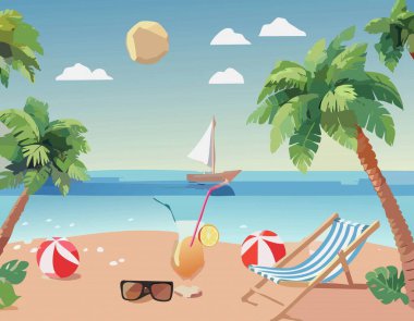 Bu, pek çok palmiye ağacının, sıcak bir hamağın ve renkli bir şemsiyenin yer aldığı canlı bir plaj sahnesini gösteren hoş bir pikseldir.