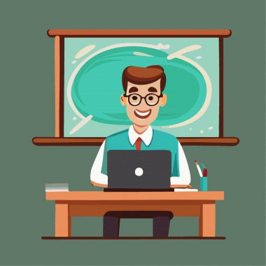 Genç erkek öğretmen bir masada oturuyor ve bir dizüstü bilgisayar ve karatahtadan çevrimiçi eğitim veriyor. Uzaklık öğrenin, vektör