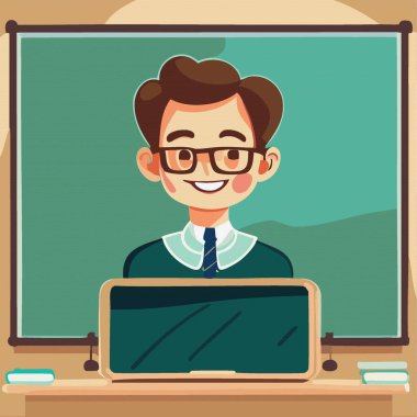 Genç öğretmen tahtaya ve eğitim konseptine karşı masada oturuyor. Vektör illüstrasyonu