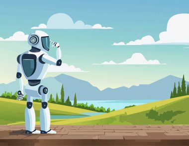 Bu pikselde, çeşitli sanatsal elementlerle dolu titizlikle hazırlanmış bir manzaranın önüne yerleştirilmiş kendine özgü bir robot sergileniyor.