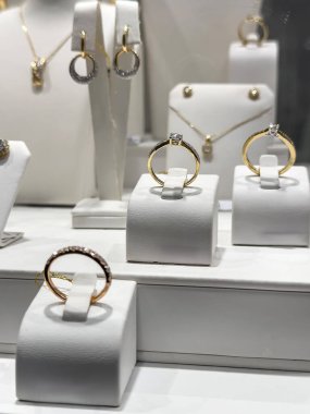 Bir kuyumcuyu dekore etmek için vitrinde bir sürü mücevher var. Kimse.