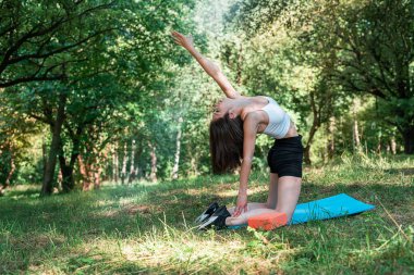 Genç fitness eğitmeninin portresi. Sabah vakti, yaz parkında pilates egzersizi yapıyor. Herkes için spor