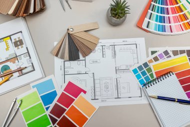 mimari çizimler ev planları palet renk tasarımları, ofis masası