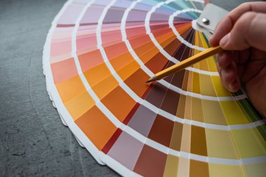 Erkek parmak, palette seçilen mükemmel rengi gösterir. Tasarım işi kavramı