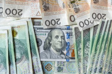  100 Amerikan Doları banknotları. Takas için etrafı Polonya zlotisi ile çevrili. Yatırım kavramı