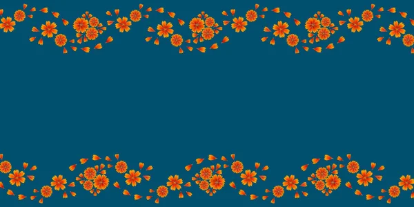 Floral pattern (horizontal border) based on seamless pattern. Composition of Gaillardia flower petals. Bright orange flowers on a blue background.