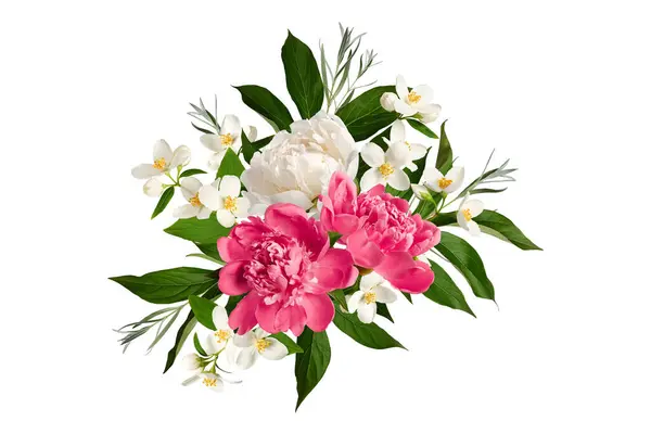 Çiçek aranjmanı. Yasemin çiçekleri, beyaz ve pembe şakayıklar, yeşil şakayık yaprakları, yeşil dallar. Tasarımlar, kartlar, desenler, çiçek aranjmanları, düğün kartları ve davetiyeler yaratmak için elementler..