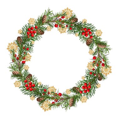 Şenlikli Noel çelengi. Kozalaklı kozalak dalları, yapay kırmızı böğürtlenler ve dekoratif altın kar taneleriyle süslenmiş yuvarlak çerçeve. Çelenk beyaz arkaplanda izole edildi, boşluğu kopyala.