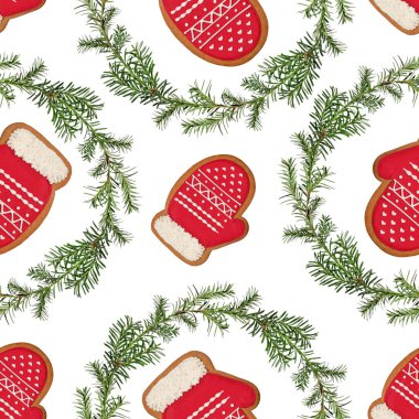 Noel Kusursuz Düzen. Zencefilli kurabiye ve çelenk şeklinde yeşil porsuk ağacı dalları, beyaz arka plan. Paket kağıdı, tebrik kartı, davetiye, kumaş, parmak izi kalıbı.