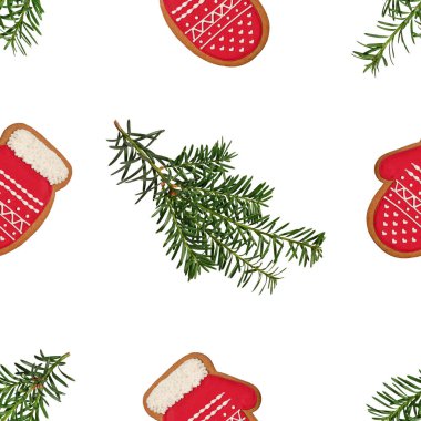 Noel Kusursuz Düzen. Zencefilli kurabiye ve yeşil porsuk ağacı dalları, beyaz arka plan. Paket kağıdı, tebrik kartı, davetiye, kumaş, parmak izi kalıbı.