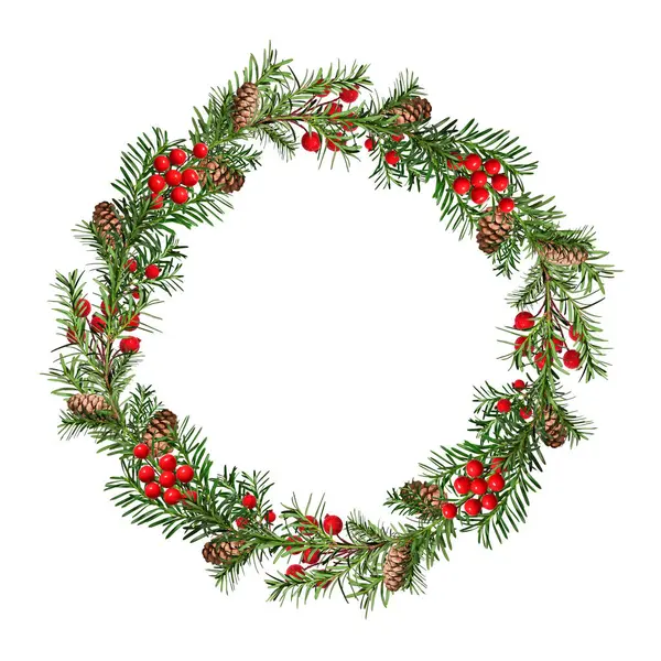 stock image Festive Christmas wreath. Round frame made of coniferous branches decorated with cones and artificial red berries. Wreath isolated on white background, copy space.