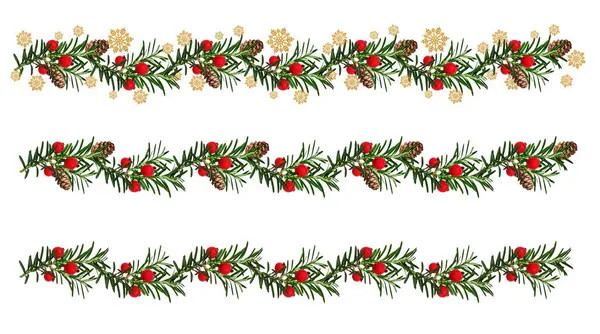 Noel çelenkleri kozalaklı dalların seti. Çelenkler koni, yapay kırmızı böğürtlen ve dekoratif altın kar taneleriyle süslenmiş..