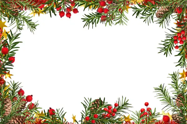 Şenlikli Noel çerçevesi. Kozalak dalları, kozalaklar, altın yıldızlı süsler ve yapay kırmızı böğürtlenler. Çerçeve beyaz arkaplanda izole, kopyalama alanı, üst görünüm. Üst üste ekle.