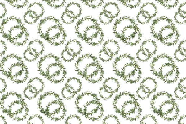 Noel arkaplanı. Beyaz arka planda izole edilmiş kozalaklı ağaç dalları çelengi. Paket kağıdı, tebrik kartı, davetiye, kumaş, parmak izi kalıbı.