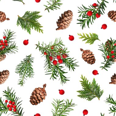 Noel Kusursuz Düzen. Kozalaklı dallar, kozalaklar, kırmızı yapay böğürtlen, thuja dalları. Paket kağıdı, tebrik kartı, davetiye, kumaş, parmak izi kalıbı.