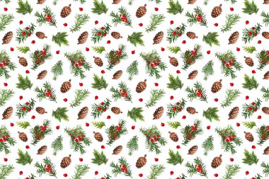 Kusursuz bir şablona dayanan Noel arkaplanı. Kozalaklı dallar, kozalaklar, kırmızı yapay böğürtlen, thuja dalları. Paket kağıdı, tebrik kartı, davetiye, kumaş, parmak izi kalıbı.