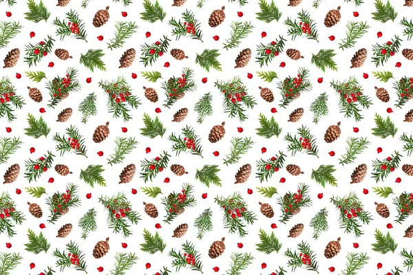 Kusursuz bir şablona dayanan Noel arkaplanı. Kozalaklı dallar, kozalaklar, kırmızı yapay böğürtlen, thuja dalları. Paket kağıdı, tebrik kartı, davetiye, kumaş, parmak izi kalıbı.