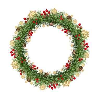 Şenlikli Noel çelengi. Kozalaklı kozalak dalları, yapay kırmızı böğürtlenler ve dekoratif altın kar taneleriyle süslenmiş yuvarlak çerçeve. Çelenk beyaz arkaplanda izole edildi, boşluğu kopyala.