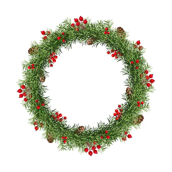 stock image Festive Christmas wreath. Round frame of coniferous branches decorated with cones and artificial red berries. Wreath isolated on white background, copy space.