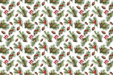 Kusursuz bir şablona dayanan Noel arkaplanı. Kozalaklı dallar, kozalaklar ve kırmızı yapay meyveler. Paket kağıdı, tebrik kartı, davetiye, kumaş, parmak izi kalıbı.