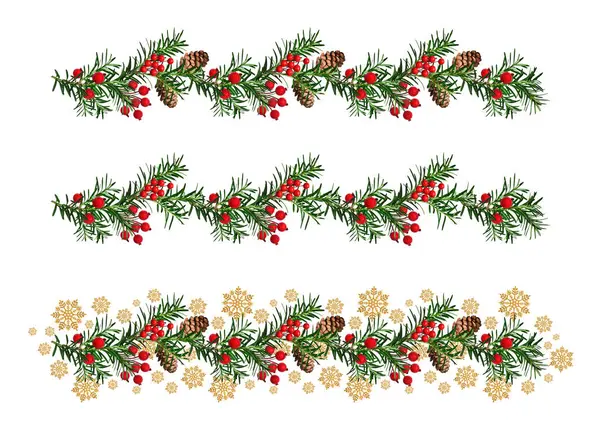 Noel çelenkleri kozalaklı dalların seti. Çelenkler koni, yapay kırmızı böğürtlen ve dekoratif altın kar taneleriyle süslenmiş..