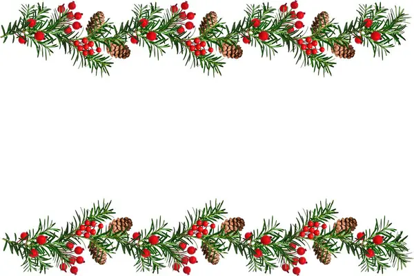 Şenlikli Noel çerçevesi. Kozalaklı kozalaklı dallar ve yapay kırmızı böğürtlenlerle süslenmiş yatay düzenleme. Beyaz arkaplanda izole edilmiş sınır, boşluğu kopyala. 