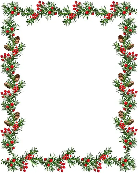 Şenlikli Noel çerçevesi. Kozalaklı dallar yapay kırmızı böğürtlen ve kozalaklarla süslenmiştir. Çerçeve beyaz arkaplanda izole edilmiş, metin için boşluk, üst görünüm. Üst üste ekle.