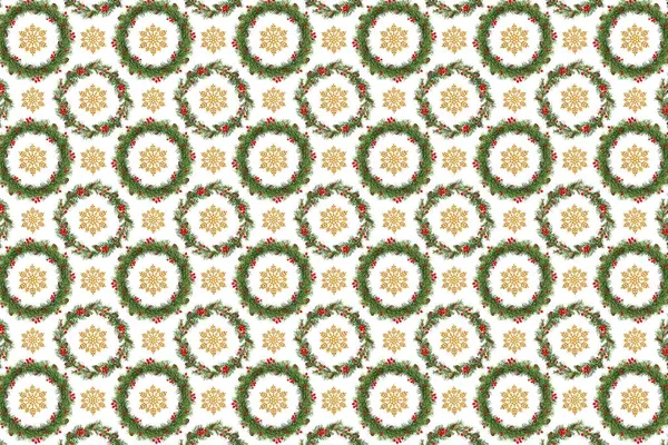 stock image Christmas background based on a seamless pattern.Festive Christmas wreath and golden decorative snowflakes isolated on white background. Pattern for wrapping paper, greeting cards, invitations, prints