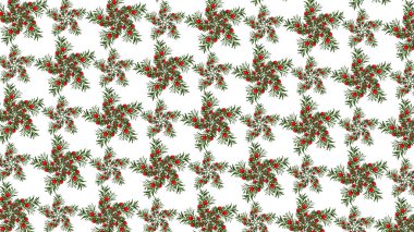 Noel arkaplanı. Yapay kırmızı böğürtlenlerle süslenmiş kozalaklı dalların soyut deseni. Paket kağıdı, tebrik kartı, davetiye, kumaş, baskı, duvar kağıdı deseni.