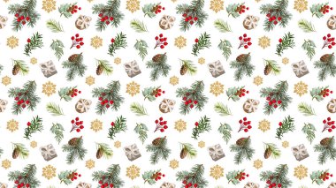 Kusursuz bir şablona dayanan Noel arkaplanı. Kozalaklı dallar, kozalaklar, yapay kırmızı meyveler, dekoratif kar taneleri ve thuja dalları. Paket kağıdı, tebrik kartları, davetiyeler için desen.