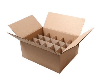 Beyaz arka planda izole edilmiş bölümleri olan karton kutu. Kırılgan eşyaların ve cam şişelerin güvenli bir şekilde taşınması için kutu.