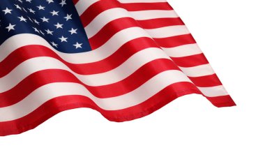 Beyaz arka planda izole edilmiş ABD bayrağı sallıyordu. Vatanseverliğin ve özgürlüğün sembolü..