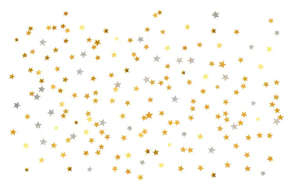 Beyaz arka planda izole edilmiş yıldızların şenlikli konfetisi. Altın ve gümüş yıldızlar tasarımda şenlikli bir atmosfer yaratmak için..
