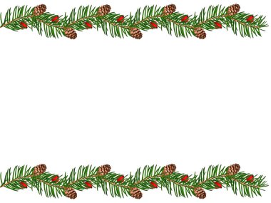 Beyaz zemin üzerinde ladin dalları, koniler ve kırmızı böğürtlenler bulunan Noel sınırı. Bayram kartları, davetiyeler, afişler ve mevsimlik tasarımlar için şenlikli çerçeve.