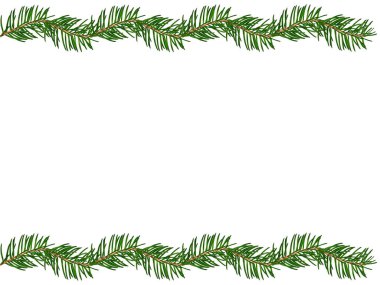 Beyaz arka planda köknar dalları olan minimalist her zaman yeşil sınır. Tebrik kartları, davetiyeler, mevsimlik mesajlar, afişler, posterler ve şenlikli promosyonlar için mükemmel..