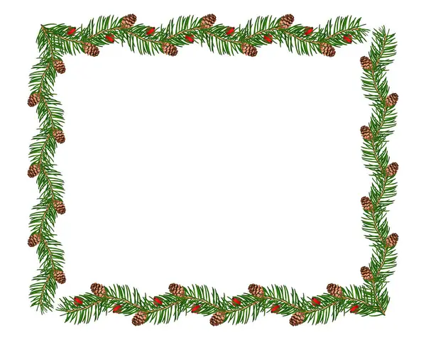 Noel çerçevesi, kozalaklı kozalaklı dallar ve küçük kırmızı aksanlı. Bayram tebrik kartları, davetiyeler, mevsimlik mektuplar, şenlikli mesajlar, kış indirimi afişleri için mükemmel. Üst üste ekle.