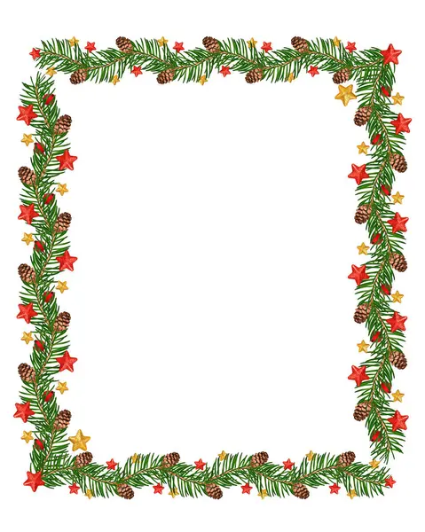 Kozalaklı ağaç dalları, kozalaklar ve kırmızı ve altın yıldızlardan oluşan Noel çerçevesi. Tebrik kartları, davetiyeler, tatil mesajları, reklamlar, ilanlar, afişler ve mevsimlik promosyonlar için mükemmel..