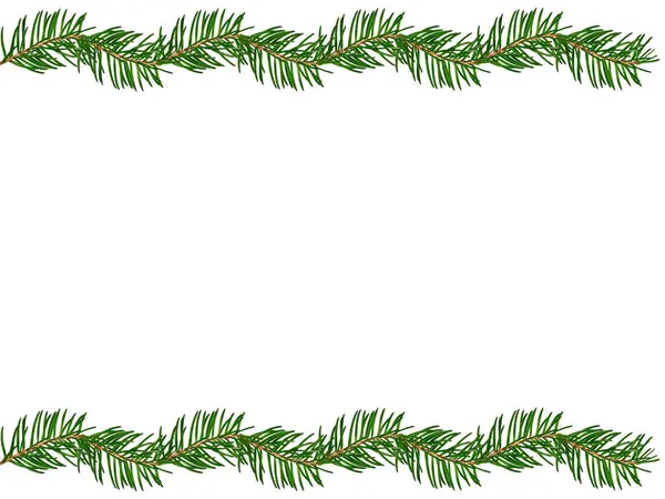 Beyaz arka planda köknar dalları olan minimalist her zaman yeşil sınır. Tebrik kartları, davetiyeler, mevsimlik mesajlar, afişler, posterler ve şenlikli promosyonlar için mükemmel..