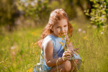 Doğa. Yeşil çimenlikteki kızıl saçlı güzel kız.