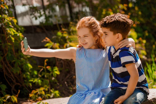Selfie Two Kids Sitting Together Making Selfie — Stock Photo, Image